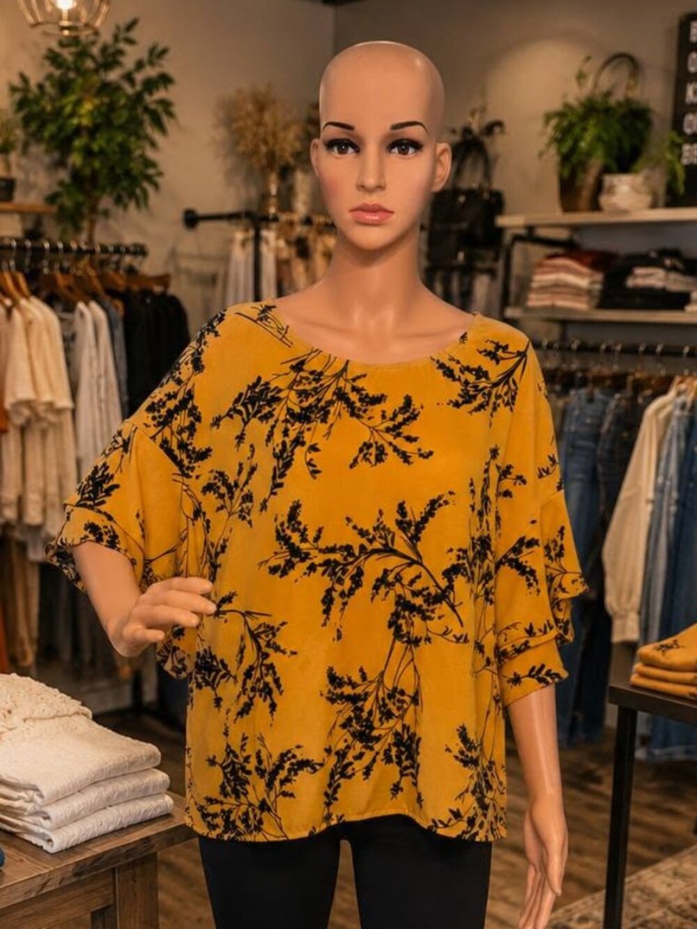ANA Yellow Mustard Gold Blouse size Large Tie back